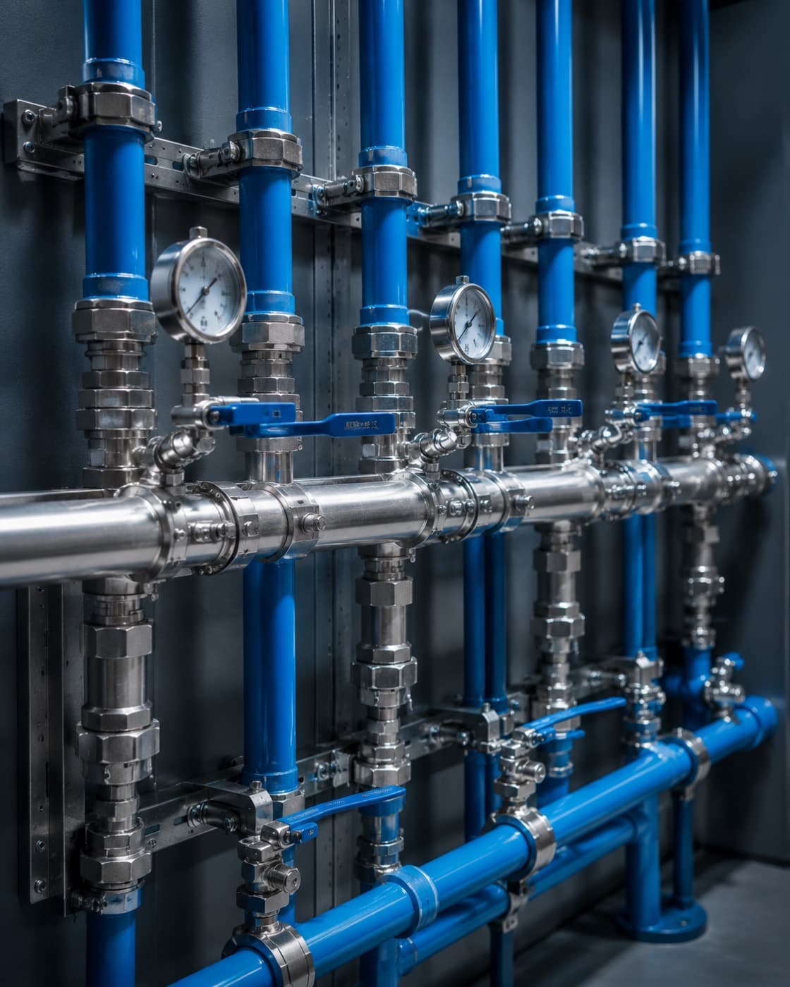 Precision-installed blue water distribution piping with valves in a modern commercial plant room
